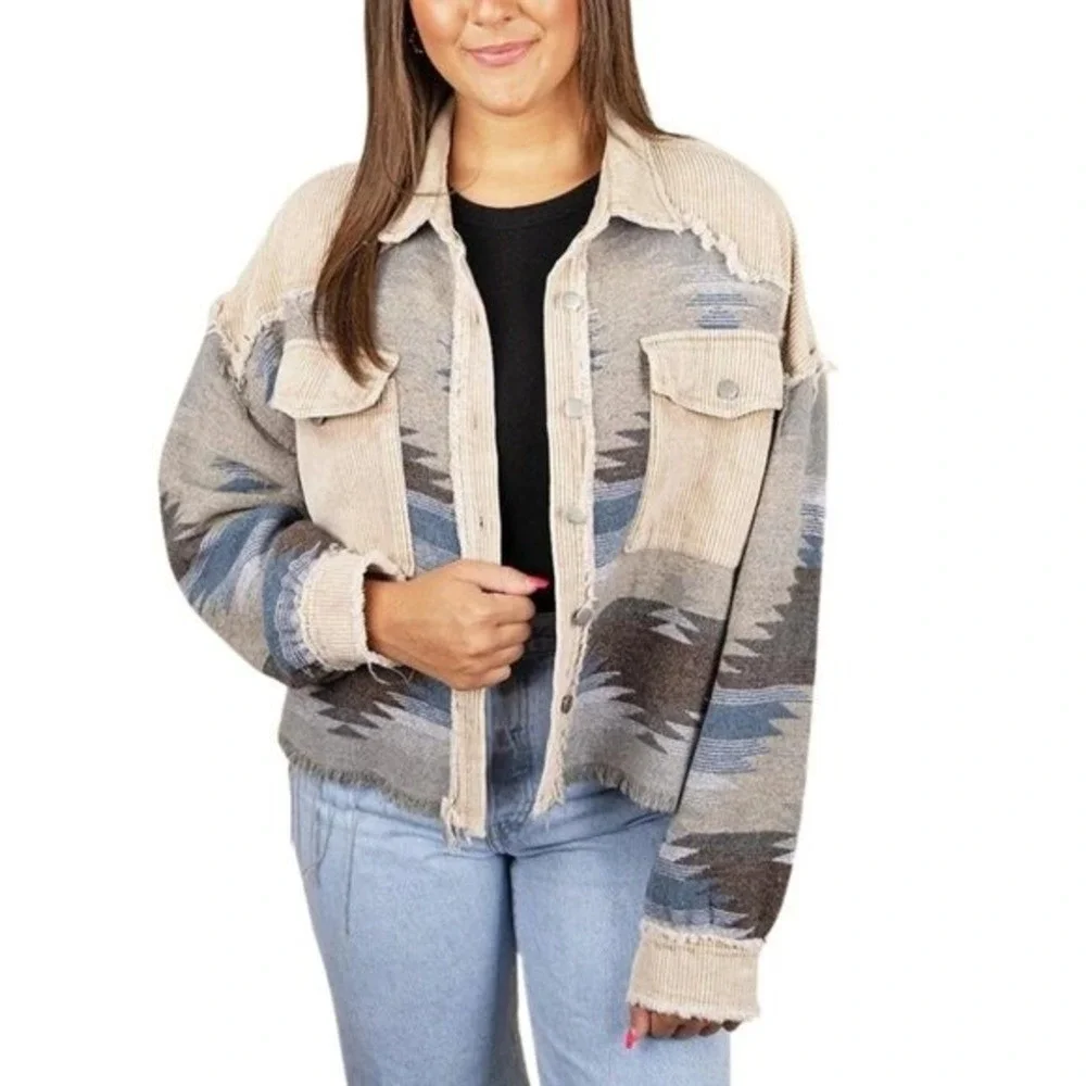TETON‎ HIKE Cropped Blue Aztec Shacket Trucker Jacket Plus Size3XL NWT
